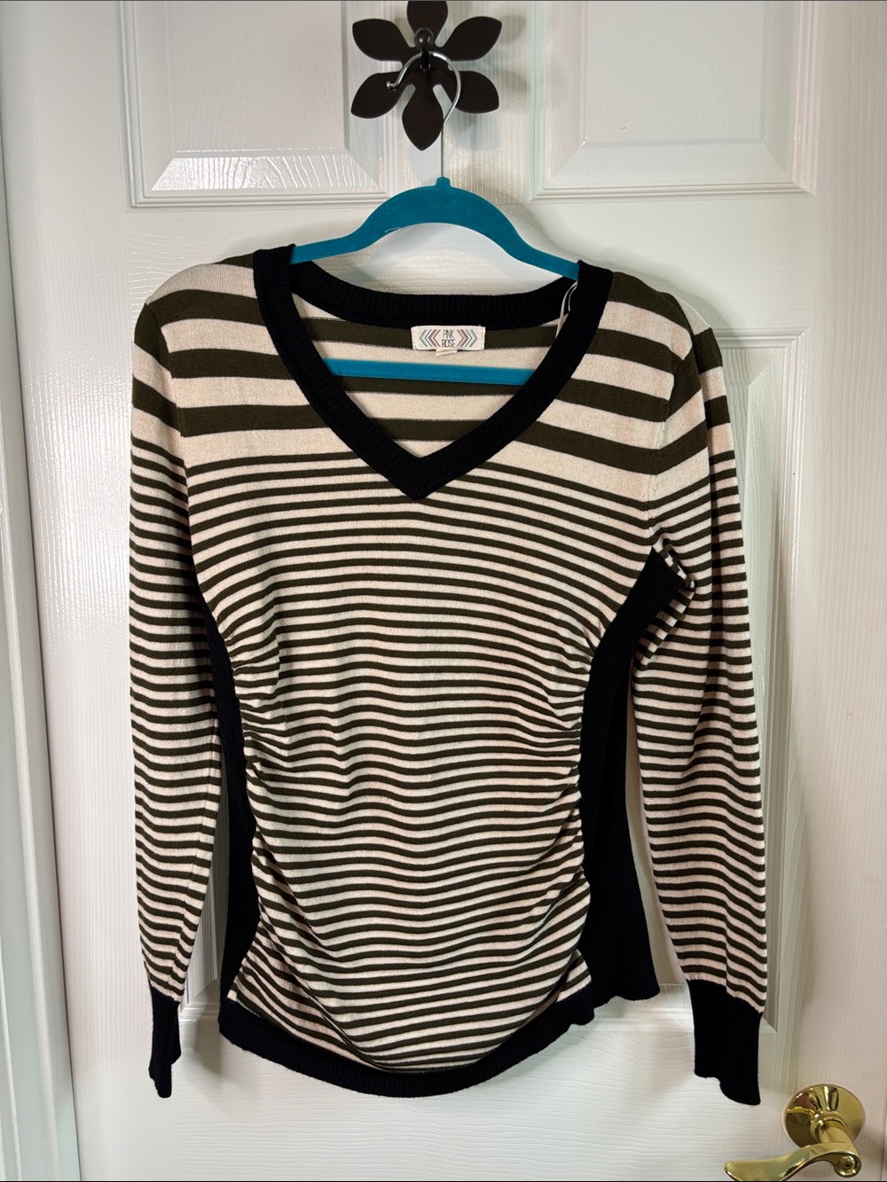 Pink Rose Striped V-Neck Sweater Ruched sides Size Med Black, Olive Green, Cream